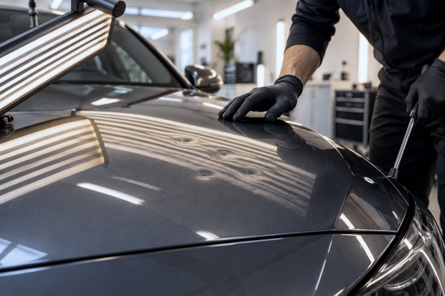 Techniker prüft Hageldellen auf einer Motorhaube im Streifenlicht